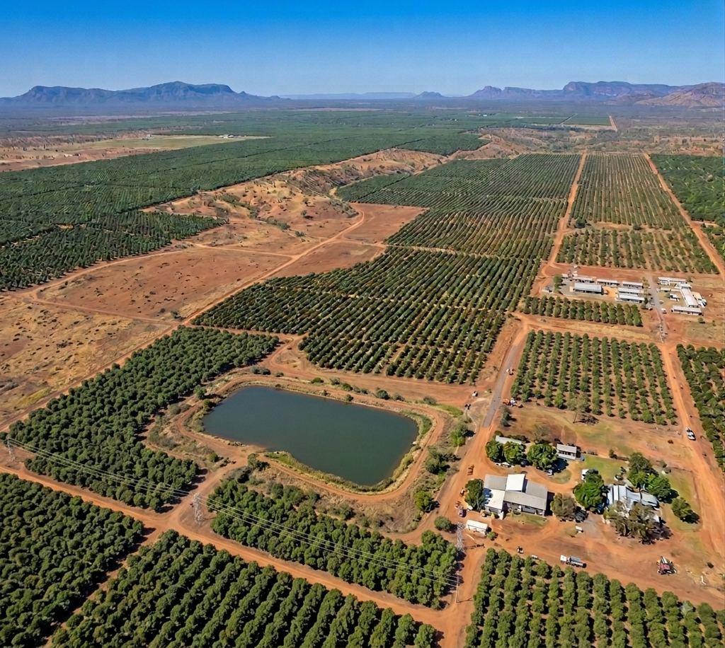 Feedstock plantation with a farm dam and sheds on red soil country