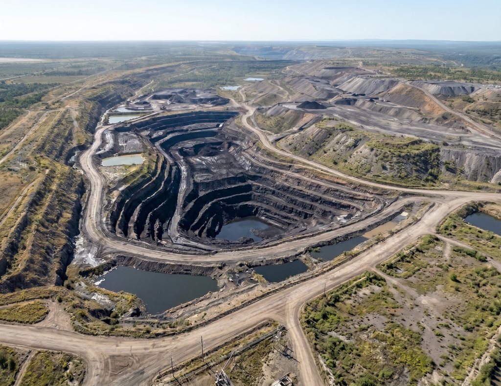 Aerial view of an open-cut coal mine with benched pits, water and haul roads