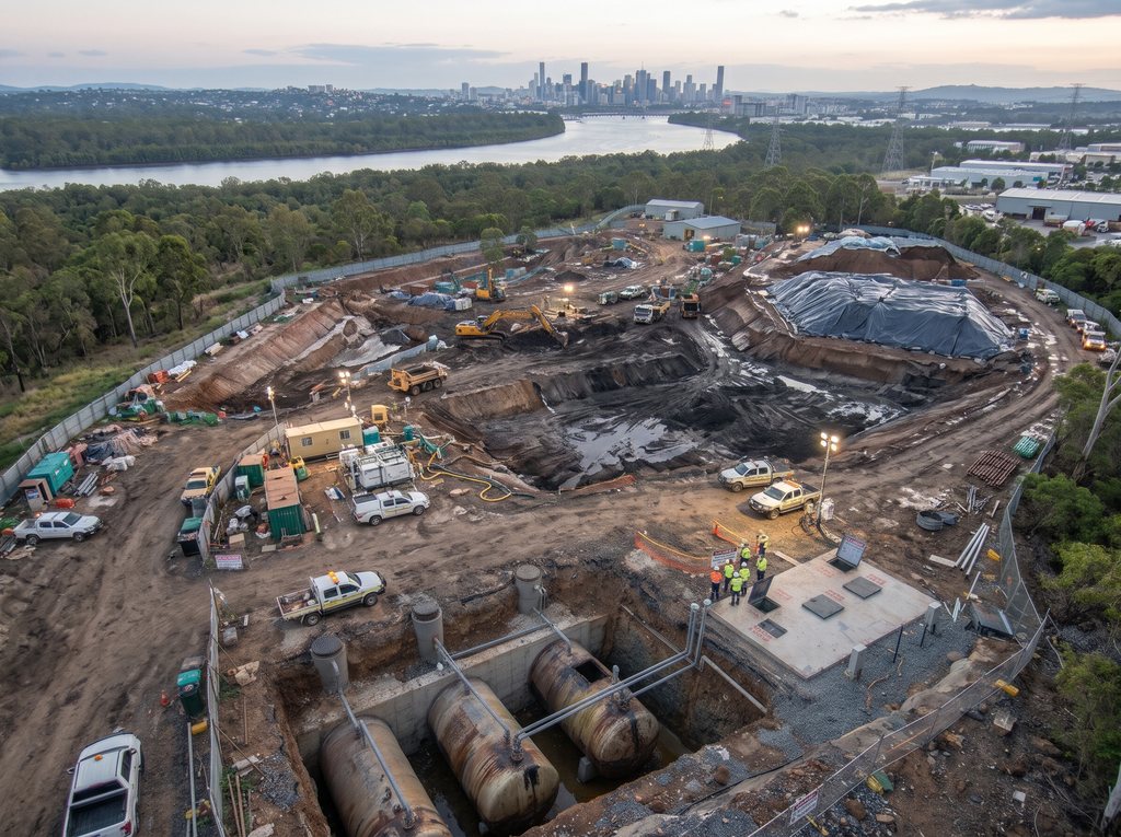 Aerial view of remediation works on a contaminated urban site, with buried tanks being removed and the city skyline beyond