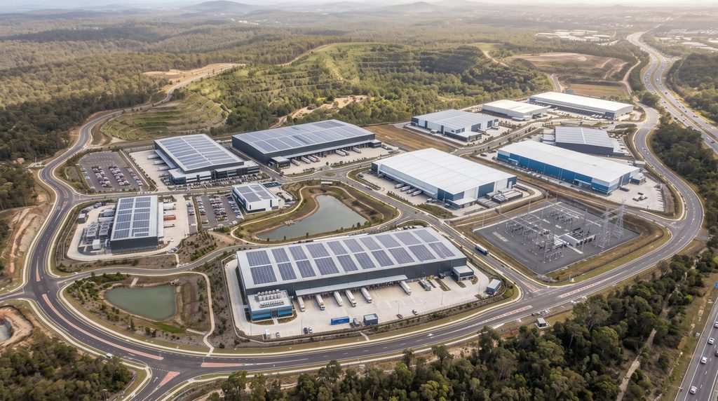 Aerial view of a logistics and light-industrial estate with rooftop solar and a substation, beside a rehabilitated landform