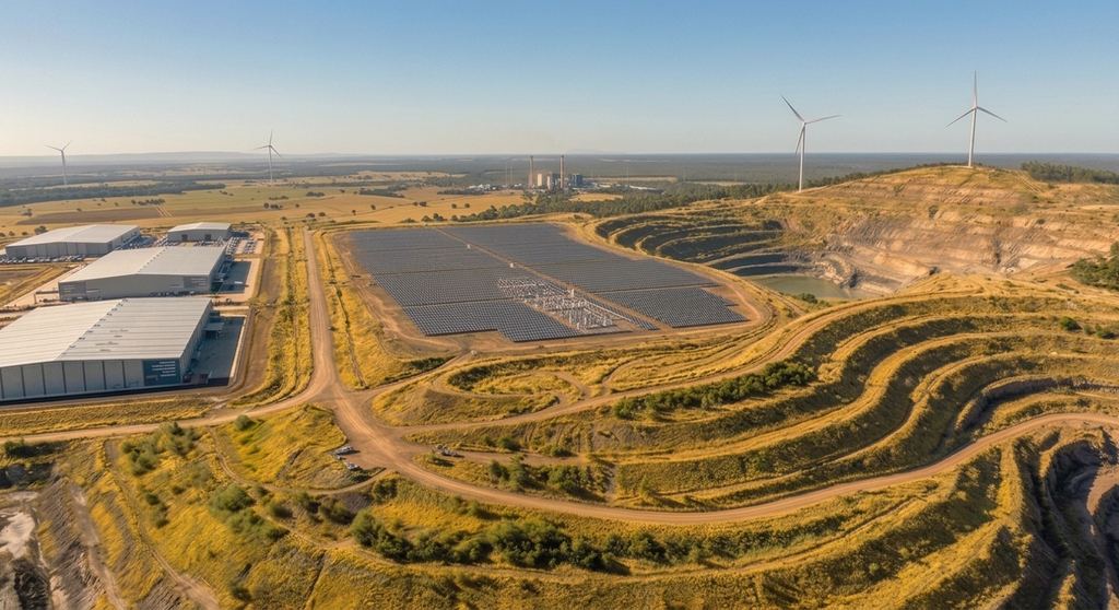Former open-cut mine redeveloped with solar, wind turbines and industrial buildings