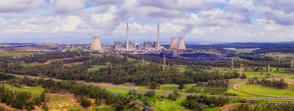 Aerial view of a coal-fired power station and its surrounding land