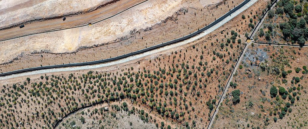 Aerial view of progressive rehabilitation: rows of new plantings beside active works