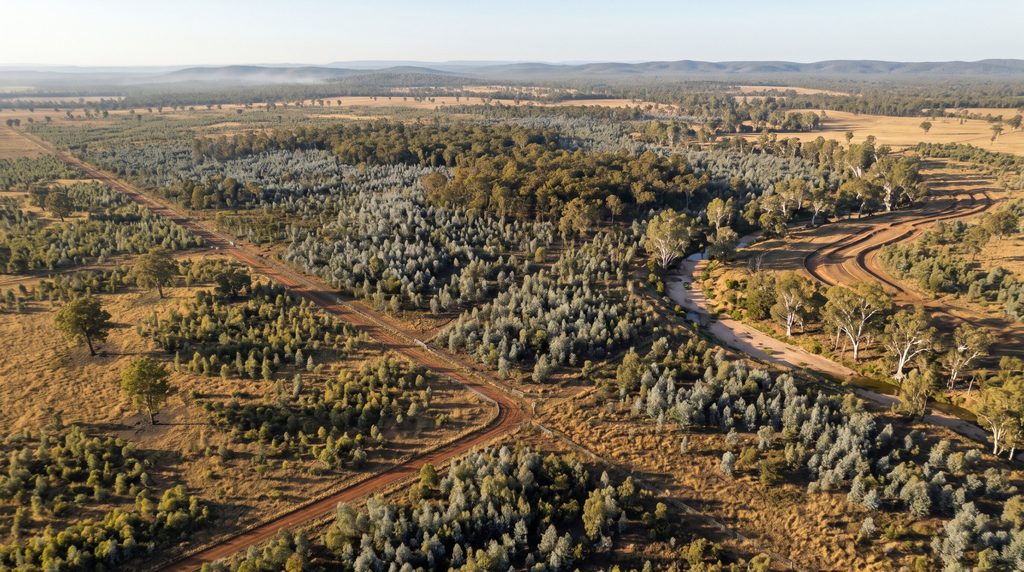 Aerial view of regenerating woodland at dawn: young eucalypts, a creek line and red dirt tracks across former grazing land
