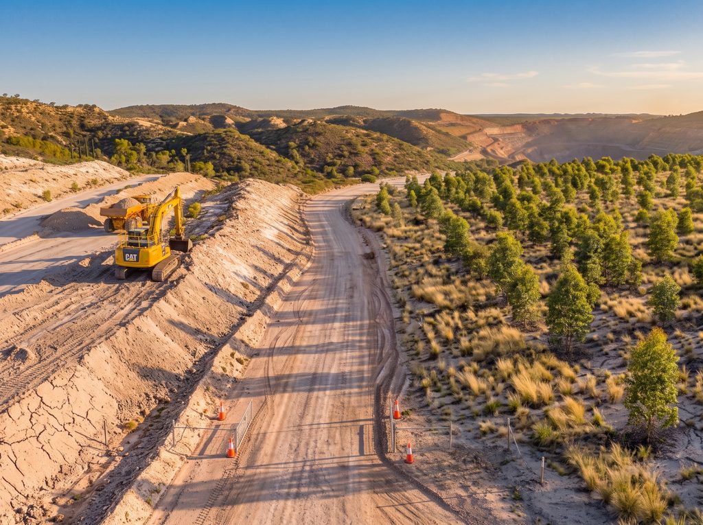 Excavator and dump truck reshaping ground beside rows of young trees on a mine rehabilitation site, with an open-cut pit behind