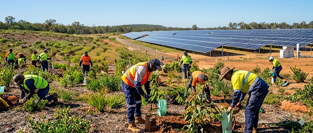 Solar farm on rehabilitated land, with a crew planting native seedlings in the foreground